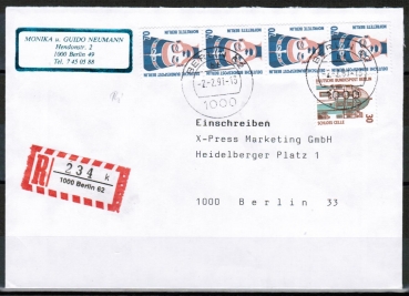 Berlin 814 als portoger. MiF mit 4x 70 Pf SWK / Nofretete + 30 Pf SWK je aus Rolle auf Orts-Einschreibe-Brief bis 20g vom Febr. 1991
