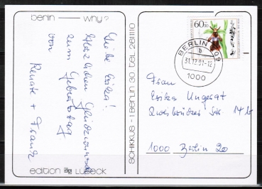 Berlin 725 als portoger. EF mit 60 Pf Wohlfahrt 1984 auf Postkarte vom 31.12.1991, dem letzten Gltigkeitstag der Marke, li.o. kleine Radierstelle