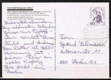 Berlin 824 als portoger. EF mit 60 Pf Frauen-Serie auf Postkarte von 1990 aus dem Bundesgebiet nach Berlin