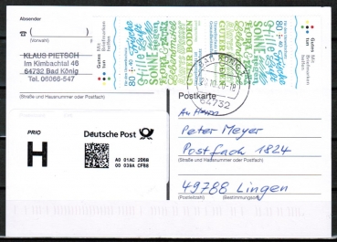Bund 3561 als portoger. MeF mit 2x 80+40 Cent Fr den Umweltschutz als Kehrdruck-Paar auf Prio-Postkarte von 2020-2021, codiert