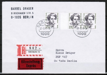 Berlin 826 als portoger. MeF mit 3x 170 Pf Frauen-Serie auf Eil-Einschreibe-Brief bis 20g vom Mrz 1991 von West- nach Ost-Berlin, AnkStpl.