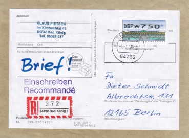 Bund ATM 2 - Nadeldruck - Marke zu 750 Pf als portoger. EF auf Inlands-Einschreib-Brief-Adresse von 1996, mit Einl.-Schein