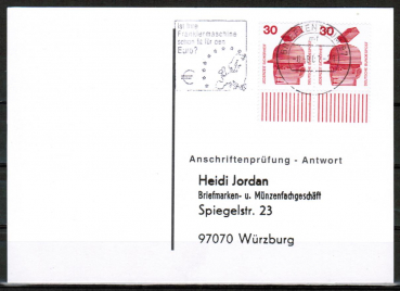 Bund 698 als portoger. MeF mit 2x 30 Pf Unfall aus Bogen als waagr. Paar mit Rand auf Sammel-Anschriftenprfungs-Postkarte von 1993-2002