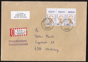 Berlin 848 als portoger. MeF mit 3x 140 Pf Frauen-Serie je mit Oberrand auf Inlands-Einschreibe-Brief 20-50g von 1989-1991, 14x20 cm gro