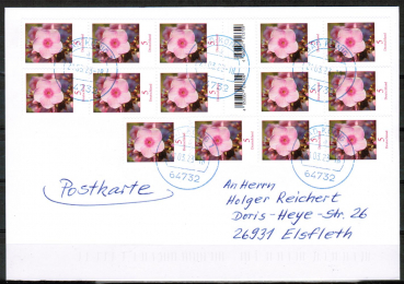 Bund 3296 als portoger. MeF mit 14x 5 Cent Blumen / Phlox aus Rolle auf Inlands-Postkarte von 2022-2024, codiert