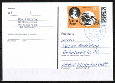 Bund 3829 als portoger. EF mit 70 Cent Bertha Benz auf Inlands-Postkarte von 2024, codiert