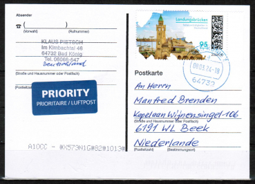 Bund 3818 als portoger. EF mit 95 Cent Landungsbrcken auf Auslands-Postkarte von 2024 in die Niederlande, codiert