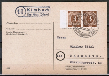 Postkarte mit Landpoststempel (16) Kimbach ber Knig (Odenw) von 1947 - unverkuflich !