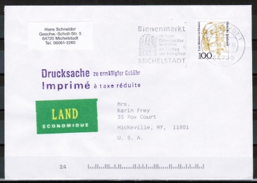 Bund 1756 als portoger. EF mit 100 Pf von Oranien auf Ausl.-Drucksache zu erm. Gebhr bis 50g von 1994-1996 in die USA, vs. codiert