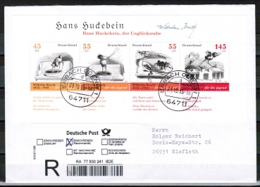 Bund 2606-2609 als portoger. Block-EF mit 45+55+55+145 Cent Jugend-Block 2007 auf Inl.-berg.-Einschreibe-Brief 20-50g von 2015, codiert, B6