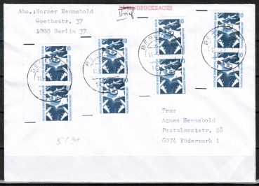 Berlin 798 als portoger. MeF mit 4x 10 Pf SWK - C/D-Paaren aus MH auf Briefdrucksache bis 20g vom Mai 1991