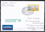 Bund ATM 4 - mit Euro - Marke zu 1,53  als portoger. EF auf Erstflug-Luftpost-Brief bis 20g von 2002 in die USA, AnkStpl.