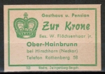 Zndholz-Etikett Oberzent / Ober-Hainbrunn, Gasthaus und Pension "Zur Krone" - W. Flchsenhaar jr. - um 1965