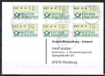 Bund ATM 1 mit dickem DBP - - 6 Marken zu 10 Pf als portoger. MeF auf Sammel-Anschriftenprfungs-Postkarte von 1993-2002, codiert