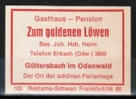 Zndholz-Etikett Mossautal / Gttersbach, Gasthaus - Pension "Zum Goldenen Lwen" - Joh. Hch. Helm, um 1965