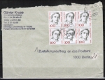 Berlin 825 als portoger. MeF mit 6x 100 Pf Frauen-Serie auf Postzustellungsauftrag vom Juli 1989 - starke Mngel