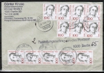 Berlin 825 als portoger. MeF mit 12x 100 Pf Frauen-Serie auf Brief mit 2 Postzustellauftrgen vom September 1989, starke Stempelmngel