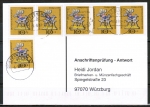 Bund 610 als portoger. MeF mit 6x 10 Pf Weihnachten 1969 auf Sammel-Anschriftenprfungs-Postkarte von 1993-2002, codiert