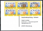 Bund ATM 3.3 - mageres Posthorn - 6 Marken zu 10 Pf als portoger. MeF auf Sammel-Anschriftenprfungs-Postkarte von 2001-2002