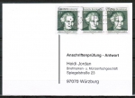 Bund 597 als portoger. MeF mit 3x 20 Pf EZM aus Frauen-Block auf Sammel-Anschriftenprfungs-Postkarte von 1993-2002