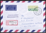 Bund ATM 1 - Marke zu 250 Pf als portoger. EF auf VGO-bersee-Luftpost-Einschreibe-Brief bis 10g von 1990-1991 nach Australien, AnkStpl.