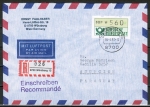 Bund ATM 1 mit dickem DBP - Marke zu 560 Pf als portoger. EF auf Luftpost-Einschreibe-Brief 5-10g von 1992-1993 nach Paraguay, AnkStpl.
