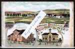 Litho-Ansichtskarte Langen-Brombach, mit Wirtschaft "Zum Odenwald" - Ludwig Straub und neue Schule, um 1900 / 1905