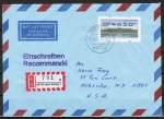 Bund ATM 2 - Nadeldruck - Marke zu 650 Pf als portoger. EF auf bersee-Luftpost-Einschreibe-Brief bis 20g von 1993-1997 in die USA, mit Einl.-Schein