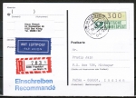 Bund ATM 1 - Marke zu 300 Pf in Spritzguss-Type als 10 Pf berfrank. EF auf Luftpost-Postkarte von 1988 nach Indien mit Einlieferungsschein