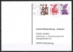 Bund 695+698+696 o.g. als portoger. Zdr.-EF mit Zdr. 10+30+20 Pf Unfall oben geschnitten aus MH auf Sammel-Anschriftenprfungs-Postkarte von 1993-2002