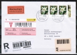 Bund 2530 als portoger. MeF mit 3x 220 Ct. Blumen / Edelwei aus Bogen auf Auslands-Wertbrief / Rckschein von 2009-2010 in die Schweiz mit Label