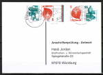 Bund 694+697 als portoger. Zdr.-MiF mit Zdr. 5 Pf Unfall im Kehrdruck-Zwischensteg mit anhng. 25 Pf-Marken auf Sammel-Anschr.prf.-Postkarte von 2001