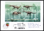 Bund 2687-2690 als portoger. MiF mit 45+55+55+145 Cent Jugend 2008 / Dinosaurier-Block auf C5-Inl.-bergabe-Einschr.-Brief von 2015, 23 cm lg.