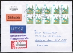 Bund 1406 als kpl. H-Blatt mit 10x 100 Pf SWK "Alttting" C/D als portoger. EF auf Luftpost-EBf.-RSch.-Brief von 1995-1997 n. Kanada, AnkStpl.