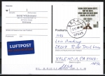Bund 2832 als portoger. EF mit 100 Cent Fritz Reuter auf bersee-Luftpost-Postkarte von 2010 in die USA, vs. + rs. codiert